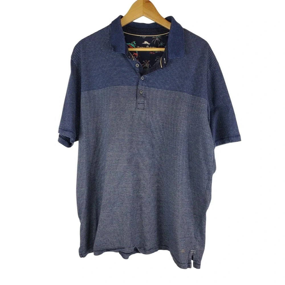 Tommy Bahama Polo Shirt Mens 2XL Navy Striped Short Sleeve Cotton